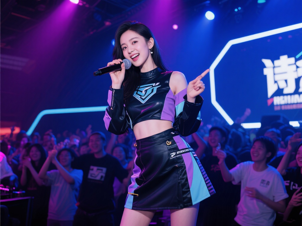 诗诗分享活动回顾:首次主持三万人电竞狂欢派对,积累新技能 据活动返图显示,诗诗身着时尚的电竞风格服